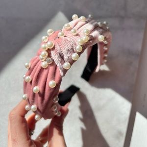 Light Pink Velour & Pearl Knot Headband